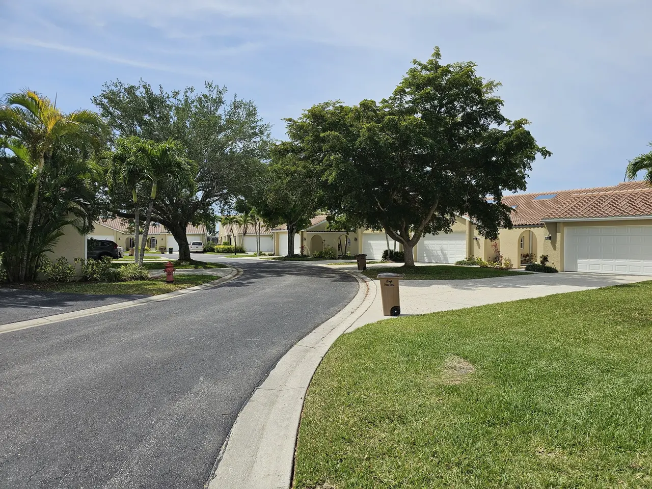 Curving street through the community with gutters on every building